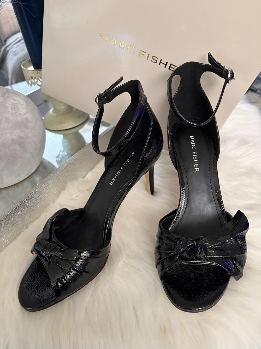 Marc Fisher Glossy Black Patent Ankle-Strap Heels